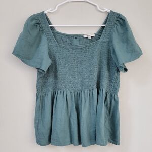 Madewell Baby Doll Linen Blend Blue Stretch Top Women's Size M Soft Girl Peasant
